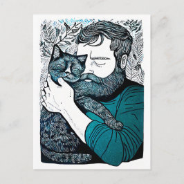 Linocut Bearded Man met een kat Briefkaart