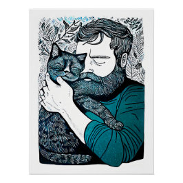 Linocut Bearded Man met een kat Perfect Poster