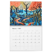 Linocut-bos seizoenenkalender kalender (Feb 2027)
