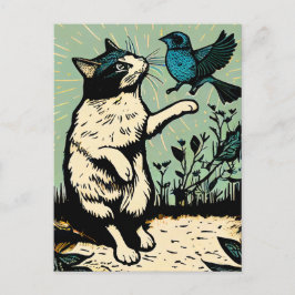 Linocut Cat probeert een vogel te vangen Briefkaart