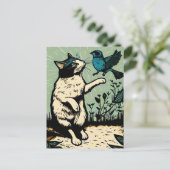 Linocut Cat probeert een vogel te vangen Briefkaart (Staand voorkant)