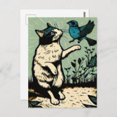 Linocut Cat probeert een vogel te vangen Briefkaart (Voorkant / Achterkant)