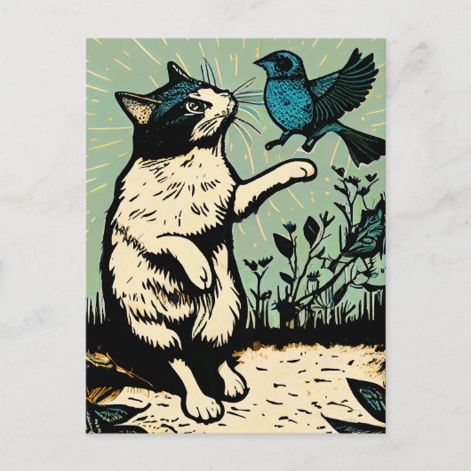 Linocut Cat probeert een vogel te vangen Briefkaart (Voorkant)