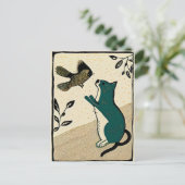 Linocut Cat probeert een vogel te vangen Briefkaart (Staand voorkant)