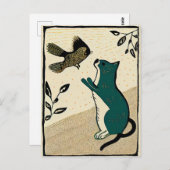 Linocut Cat probeert een vogel te vangen Briefkaart (Voorkant / Achterkant)