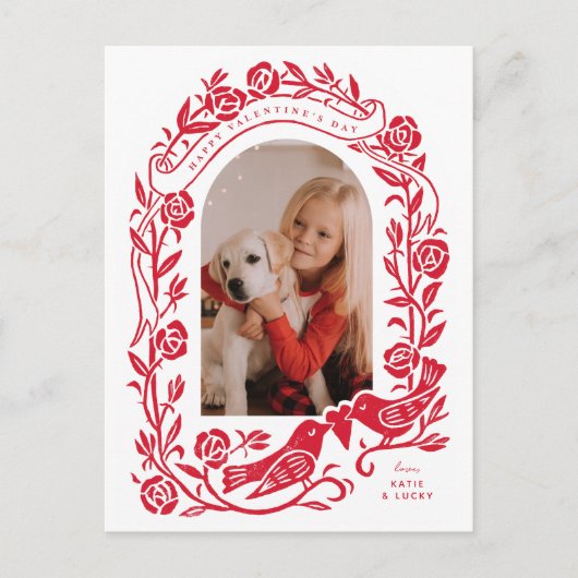 Linocut houdt van vogels en rozen boogfoto ontwerp briefkaart (Voorkant)