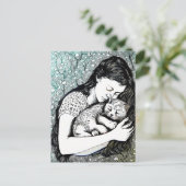 Linocut jonge vrouw die een kat vasthoudt briefkaart (Staand voorkant)