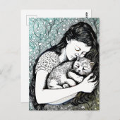 Linocut jonge vrouw die een kat vasthoudt briefkaart (Voorkant / Achterkant)