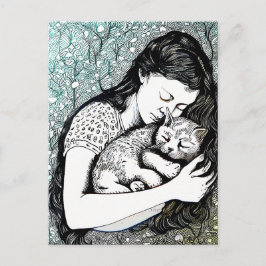 Linocut jonge vrouw die een kat vasthoudt briefkaart
