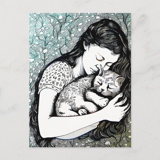 Linocut jonge vrouw die een kat vasthoudt briefkaart (Voorkant)
