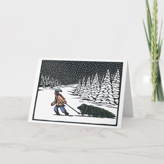 Linocut: Jongen trekt kerstboom uit bos b Feestdagen Kaart (Voorkant)