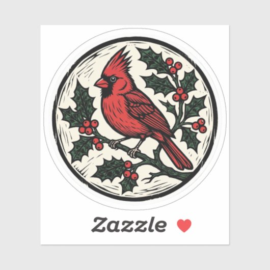 Linocut Kardinaal en Holly Houtsnede Sticker (Vel)