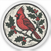 Linocut Kardinaal en Holly Houtsnede Sticker (Voorkant)