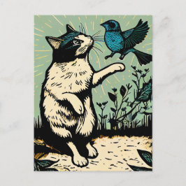 Linocut Kat die probeert een vogel te vangen Briefkaart