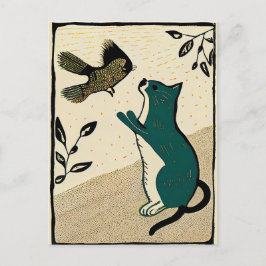Linocut Kat die probeert een vogel te vangen Briefkaart