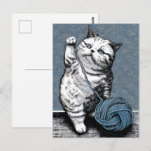 Linocut Kat Speelt met een Bal Wol Briefkaart (Voorkant / Achterkant)