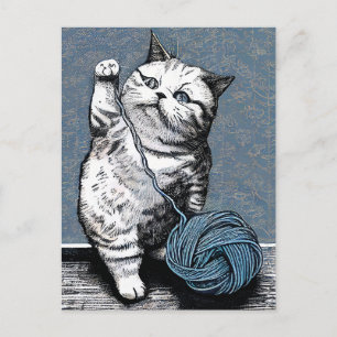 Linocut Kat Speelt met een Bal Wol Briefkaart