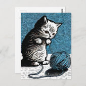Linocut kitten spelen met een bal van garen briefkaart (Voorkant / Achterkant)