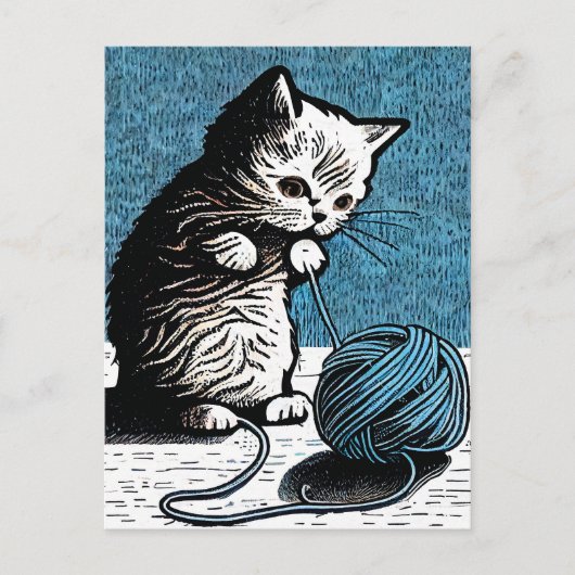 Linocut kitten spelen met een bal van garen briefkaart (Voorkant)
