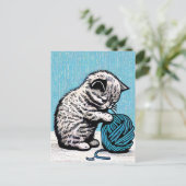 Linocut kitten spelen met een bal van garen briefkaart (Staand voorkant)