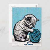 Linocut kitten spelen met een bal van garen briefkaart (Voorkant / Achterkant)