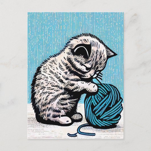 Linocut kitten spelen met een bal van garen briefkaart (Voorkant)
