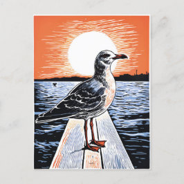 Linocut of Seagull op de Pier bij zonsondergang Briefkaart