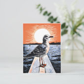 Linocut of Seagull op de Pier bij zonsondergang Briefkaart (Staand voorkant)