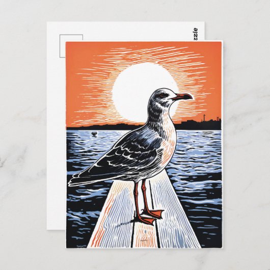 Linocut of Seagull op de Pier bij zonsondergang Briefkaart (Voorkant / Achterkant)