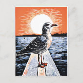 Linocut of Seagull op de Pier bij zonsondergang Briefkaart (Voorkant)