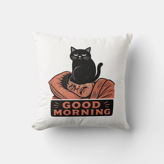 Linocut Sarcasische Zwarte Kat Goedemorgen Meme Kussen (Voorkant)