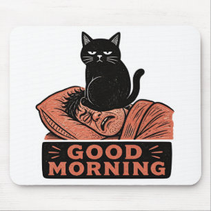 Linocut Sarcasische Zwarte Kat Goedemorgen Meme Muismat