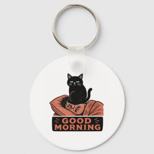 Linocut Sarcasische Zwarte Kat Goedemorgen Meme Sleutelhanger
