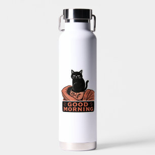 Linocut Sarcasische Zwarte Kat Goedemorgen Meme Waterfles
