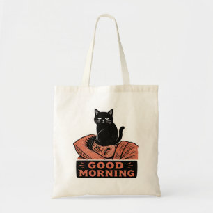 Linocut sarcastische zwarte kat goedemorgen meme tote bag