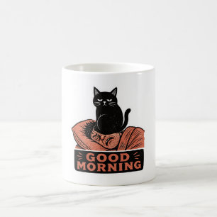 Linocut Sarcistische Zwarte Kat Goedemorgen Meme Koffiemok