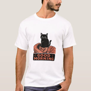 Linocut Sarcistische Zwarte Kat Goedemorgen Meme T-shirt