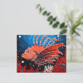 Linocut van een Leeuwenvis in het Koraalrif Briefkaart (Staand voorkant)