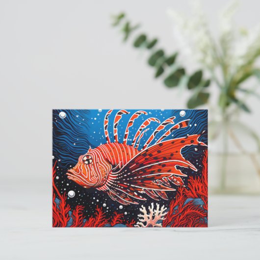 Linocut van een Leeuwenvis in het Koraalrif Briefkaart (Staand voorkant)
