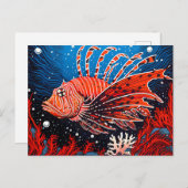 Linocut van een Leeuwenvis in het Koraalrif Briefkaart (Voorkant / Achterkant)