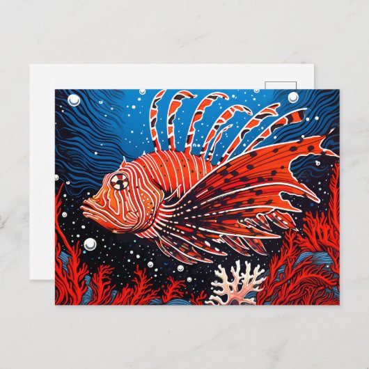 Linocut van een Leeuwenvis in het Koraalrif Briefkaart (Voorkant / Achterkant)