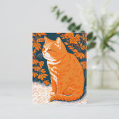 Linocut van een rode kat tussen de grassen briefkaart (Staand voorkant)