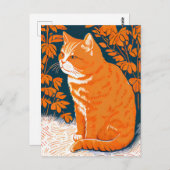 Linocut van een rode kat tussen de grassen briefkaart (Voorkant / Achterkant)