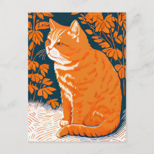 Linocut van een rode kat tussen de grassen briefkaart