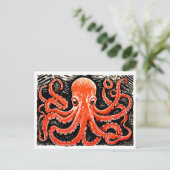 Linocut van een rode octopus op zwart-witte tas briefkaart (Staand voorkant)