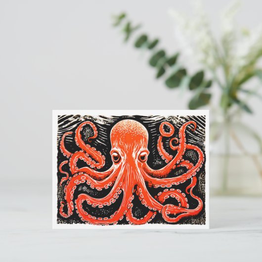 Linocut van een rode octopus op zwart-witte tas briefkaart (Staand voorkant)