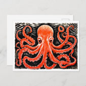 Linocut van een rode octopus op zwart-witte tas briefkaart (Voorkant / Achterkant)