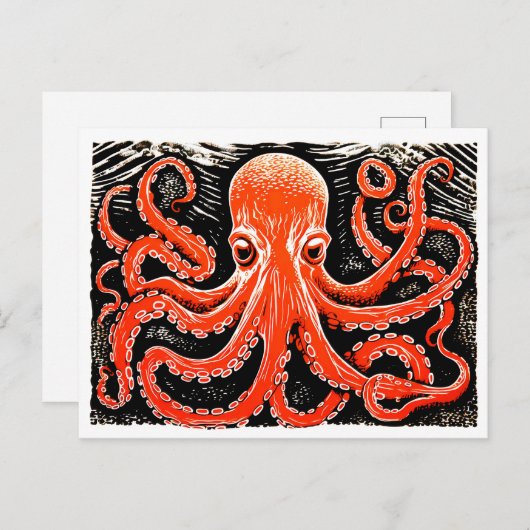 Linocut van een rode octopus op zwart-witte tas briefkaart (Voorkant / Achterkant)