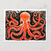 Linocut van een rode octopus op zwart-witte tas briefkaart (Voorkant)