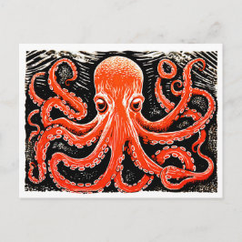 Linocut van een rode octopus op zwart-witte tas briefkaart